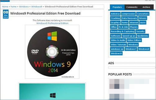 Windows 9の無料ダウンロードを提供すると書かれたブログ