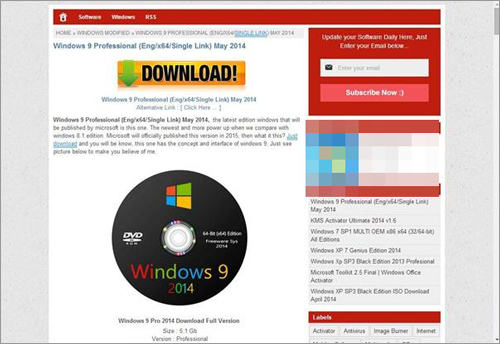 Windows 9の無料ダウンロードをうたい、不正なプログラムを配布するWebページ